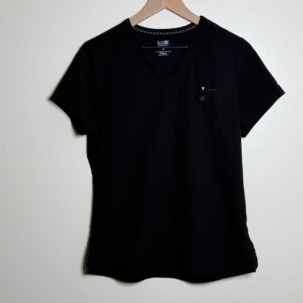 Koi Next‎ Gen Womens Black V-Neck Scrub Top S Short Sleeve Chest Pocket Medical
